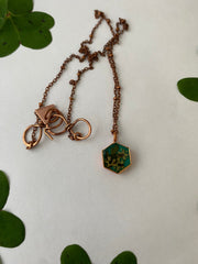 Tiny world necklace recycled copper dried flower resin necklace handmade in usa simple wealth art elderflower and fern