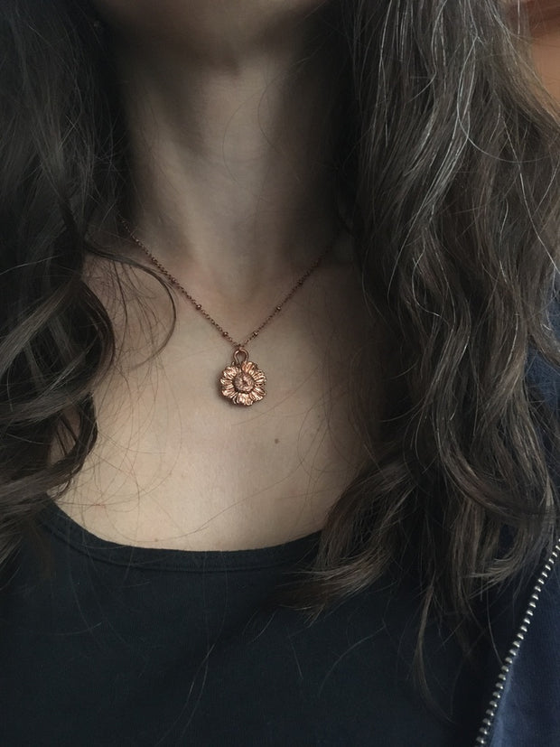 Electroformed feverfew blossom daisy flower necklace recycled copper made in usa simple wealth art real flower jewelry