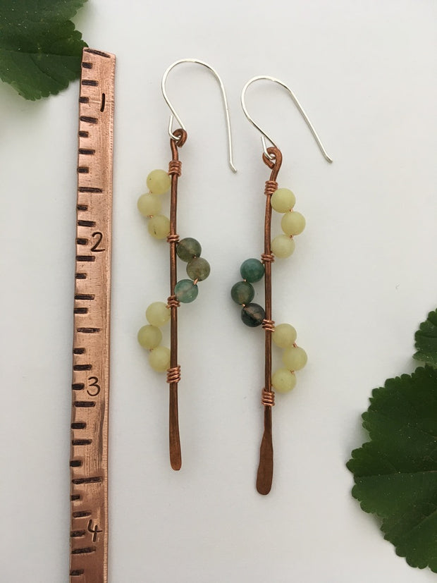 yellow jade and moss agate recycled copper wire wrapped descending stones earrings made in usa simple wealth art