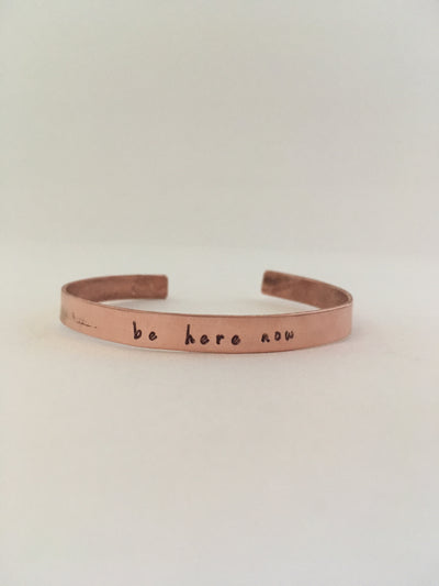 be here now hand stamped recycled copper mantra bracelet ram das