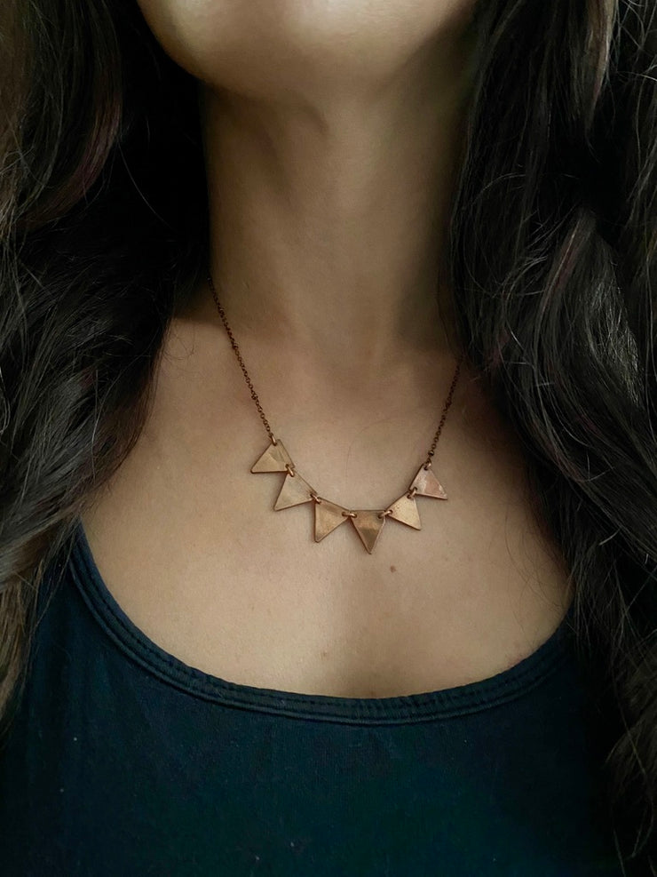 recycled copper plumbing pipe upcycle jewelry five triangle bunting necklace handmade in usa simple wealth art