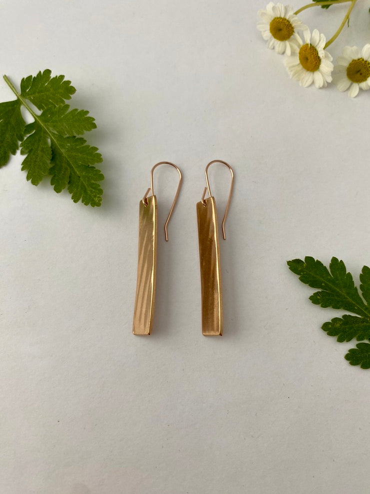 recycled copper brass drum cymbal handmade bar earrings 14 karat rose gold fill simple wealth art made in usa