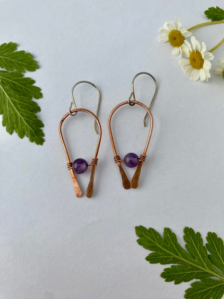 recycled copper natural gemstone arch shape drop earrings rose gold sterling silver