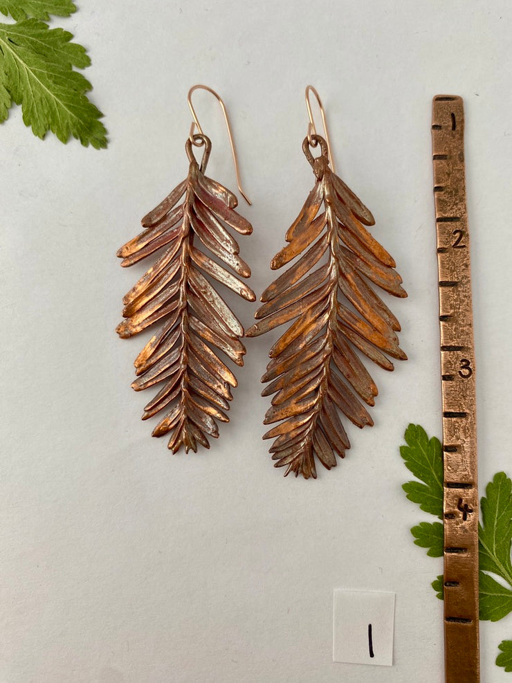 recycled copper electroformed redwood leaf 14 karat gold earrings simple wealth art made in usa