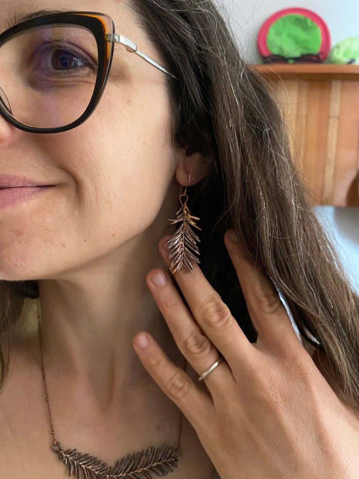 recycled copper electroformed redwood leaf 14 karat gold earrings simple wealth art made in usa