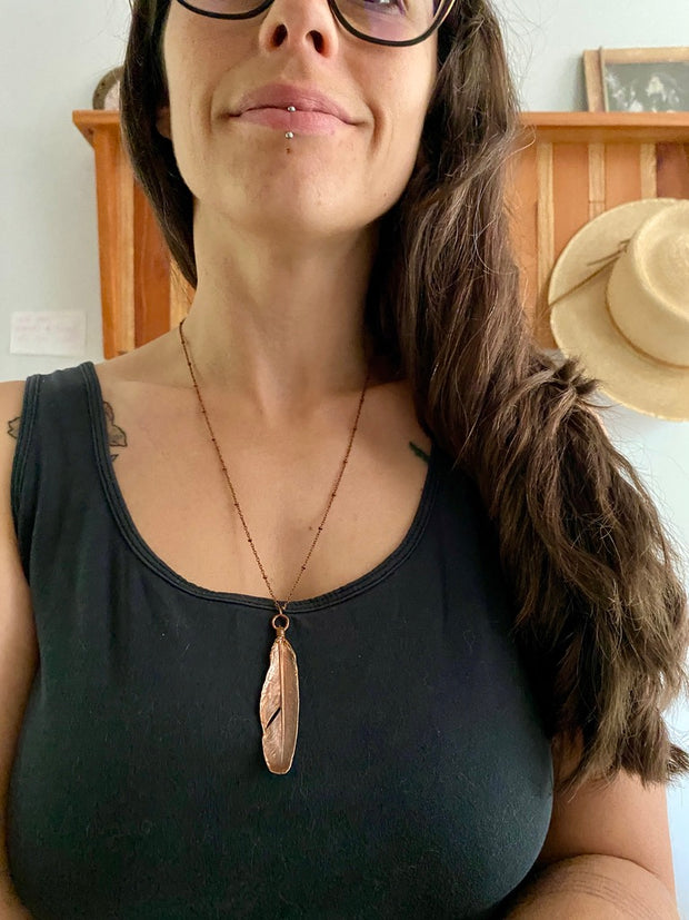 real dove feather recycled copper electroplated deerskin cord necklace handmade in the usa simple wealth art