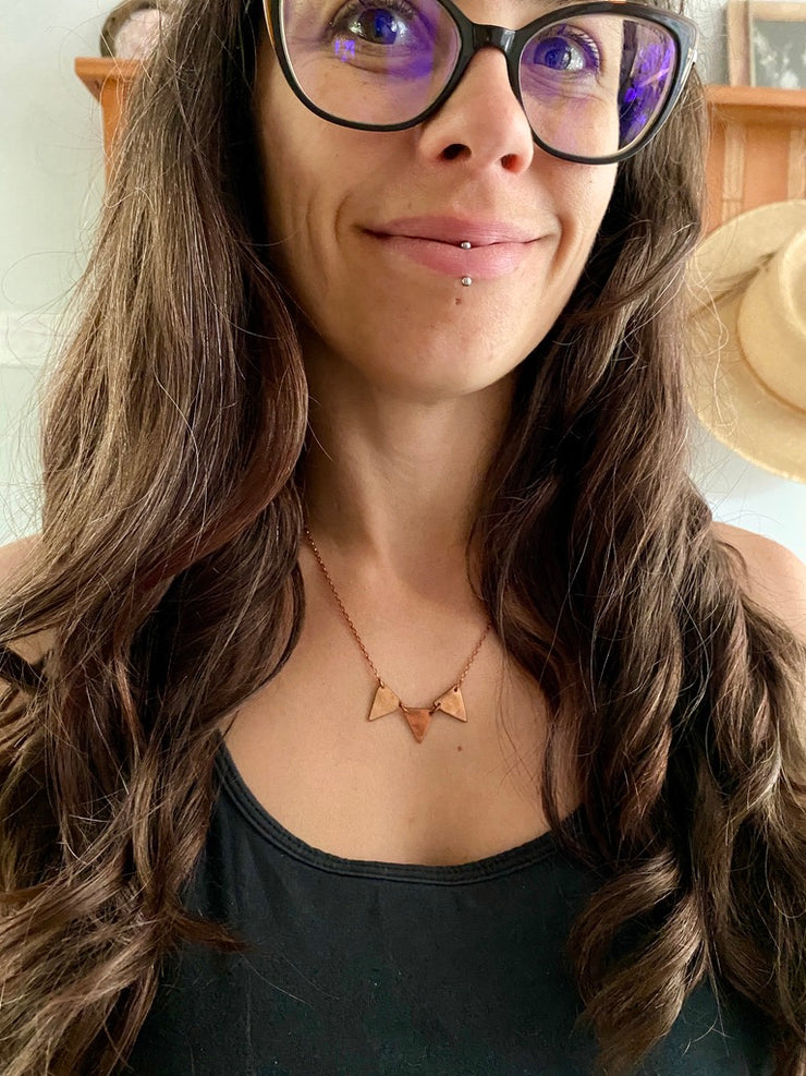recycled copper triple triangle bunting necklace upcycle plumbing pipe handmade in usa simple wealth art
