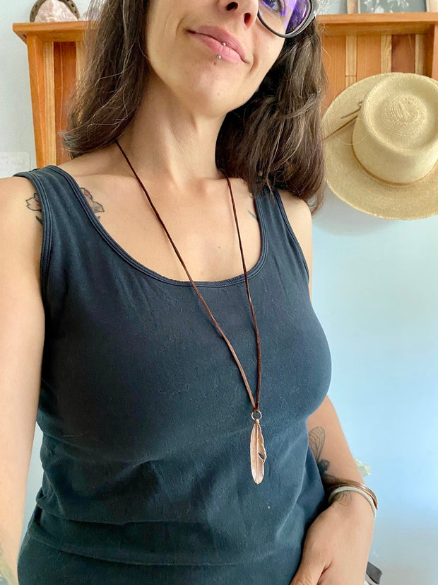 real dove feather recycled copper electroplated deerskin cord necklace handmade in the usa simple wealth art
