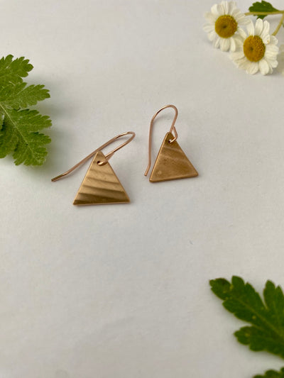 Recycled copper upcycled brass drum cymbal tiny triangle earrings 14 k rose gold handmade in usa simple wealth art