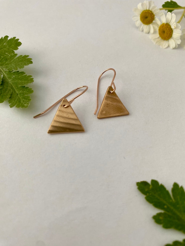 Recycled copper upcycled brass drum cymbal tiny triangle earrings 14 k rose gold handmade in usa simple wealth art