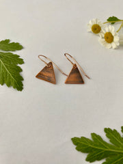 Recycled copper upcycled brass drum cymbal tiny triangle earrings 14 k rose gold handmade in usa simple wealth art
