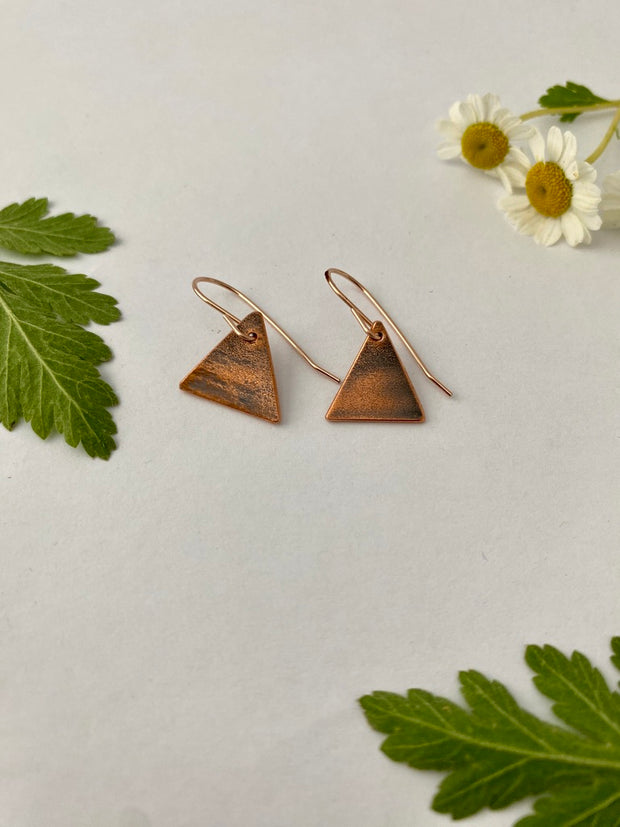 Recycled copper upcycled brass drum cymbal tiny triangle earrings 14 k rose gold handmade in usa simple wealth art