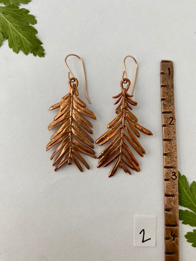 recycled copper electroformed redwood leaf 14 karat gold earrings simple wealth art made in usa