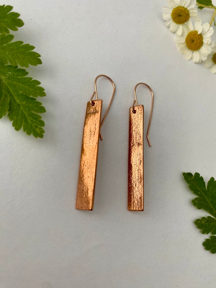 recycled copper brass drum cymbal handmade bar earrings 14 karat rose gold fill simple wealth art made in usa