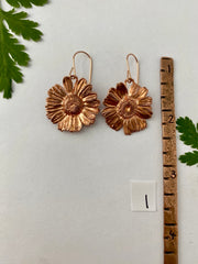 electroformed real daisy flowers recycled copper feverfew earrings simple wealth art made in usa