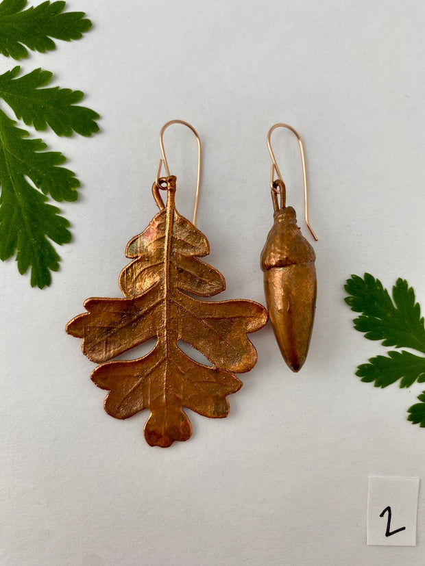 Recycled copper black oak or coastal oak electroplated leaf and real acorn earrings 14 karat gold earwire simple wealth art made in usa