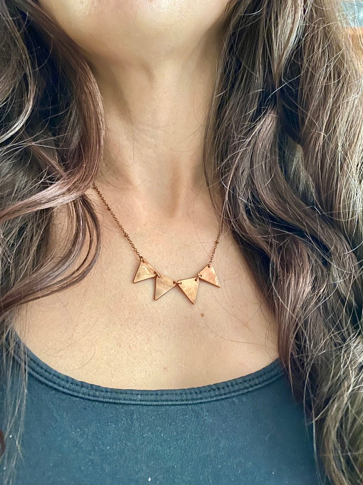 recycled copper pipe upcycled metal four triangle bunting necklace handmade in usa simple wealth art