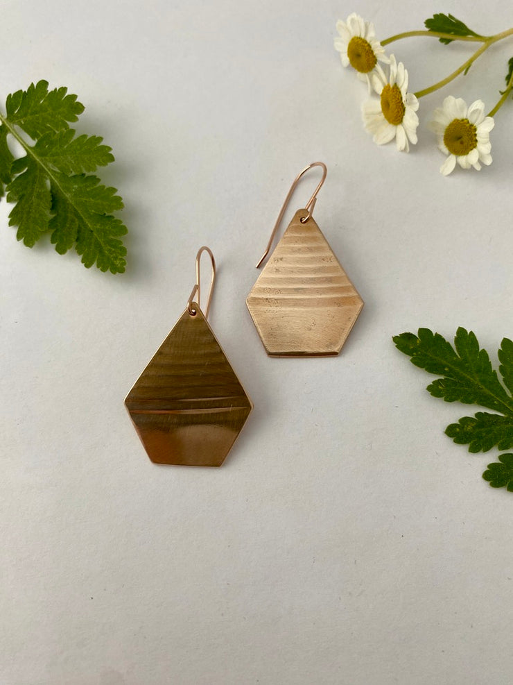 recycled copper drum cymbal pentagon shaped 14 karat rose gold fill brass earrings recycled metal simple wealth art