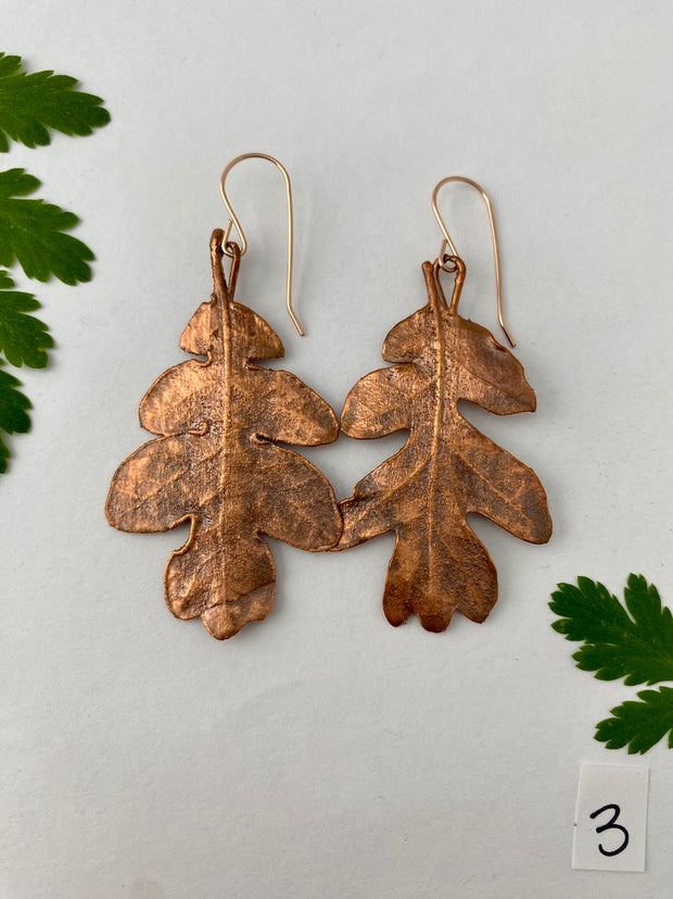recycled copper electroformed oak leaf earrings valley oak coast oak live oat garry oak rose gold simple wealth art made in usa