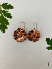 electroformed real daisy flowers recycled copper feverfew earrings simple wealth art made in usa