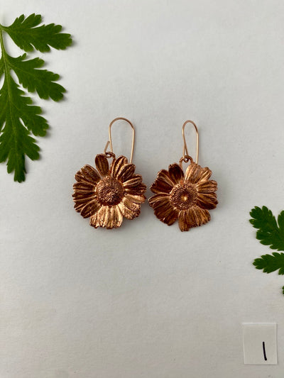 electroformed real daisy flowers recycled copper feverfew earrings simple wealth art made in usa