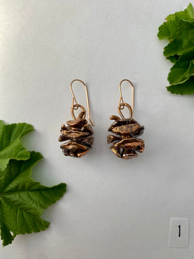 recycled copper electroformed redwood leaf 14 karat gold earrings simple wealth art made in usa