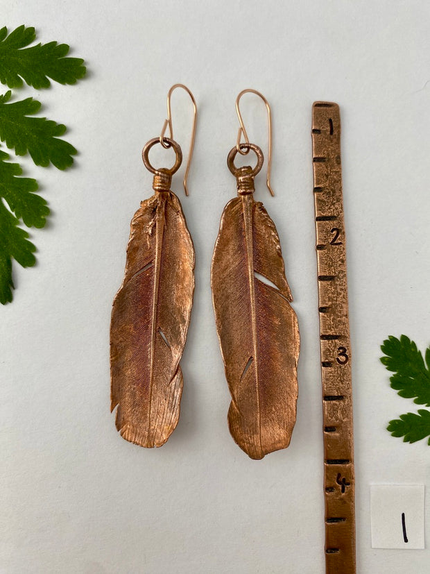 real feather earrings recycled copper electroplated feather earrings handmade 14 karat rose gold ear wires made in usa simple wealth art