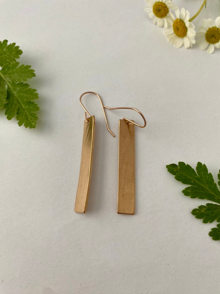 recycled copper brass drum cymbal handmade bar earrings 14 karat rose gold fill simple wealth art made in usa