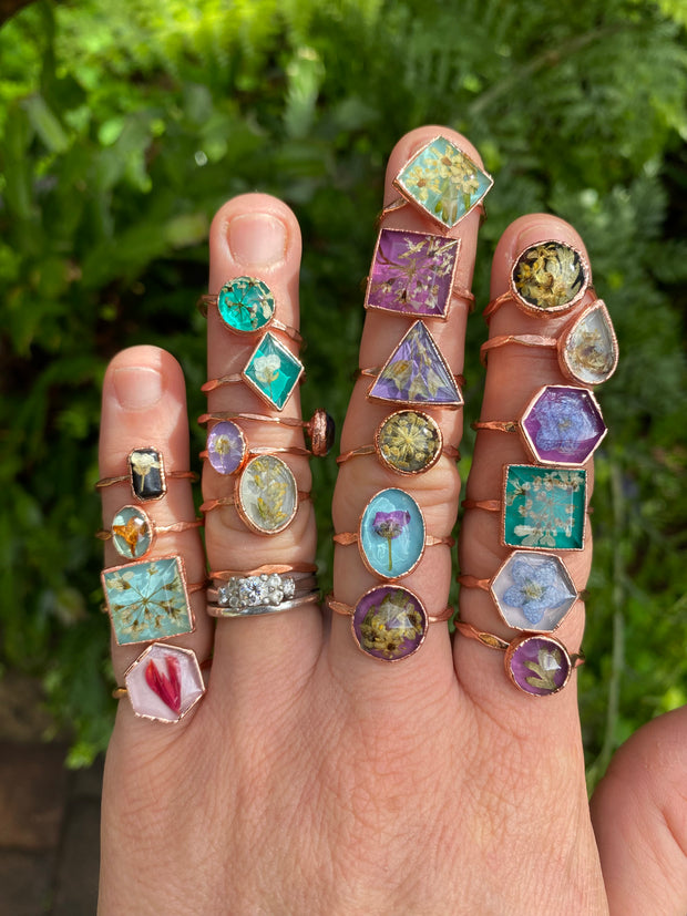 tiny world floral rings recycled copper electroplated dried flower rings made in usa simple wealth art