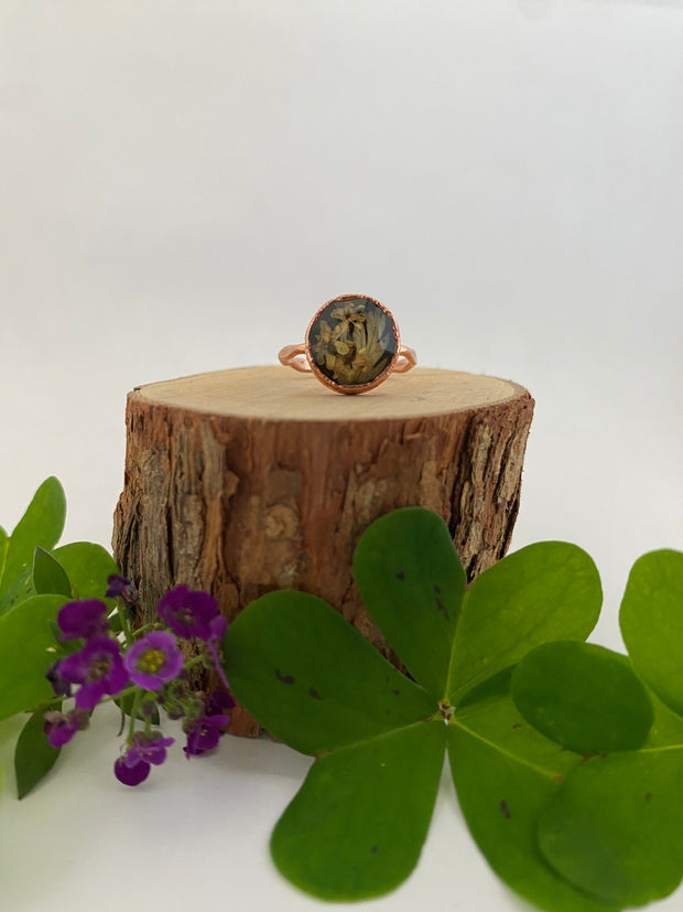 tiny world floral rings recycled copper electroplated dried flower rings made in usa simple wealth art