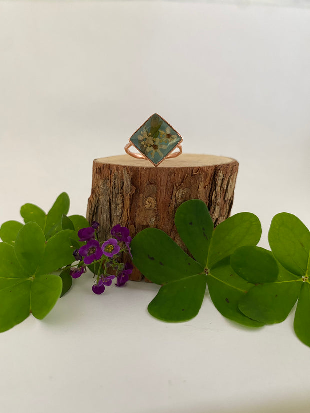 tiny world floral rings recycled copper electroplated dried flower rings made in usa simple wealth art