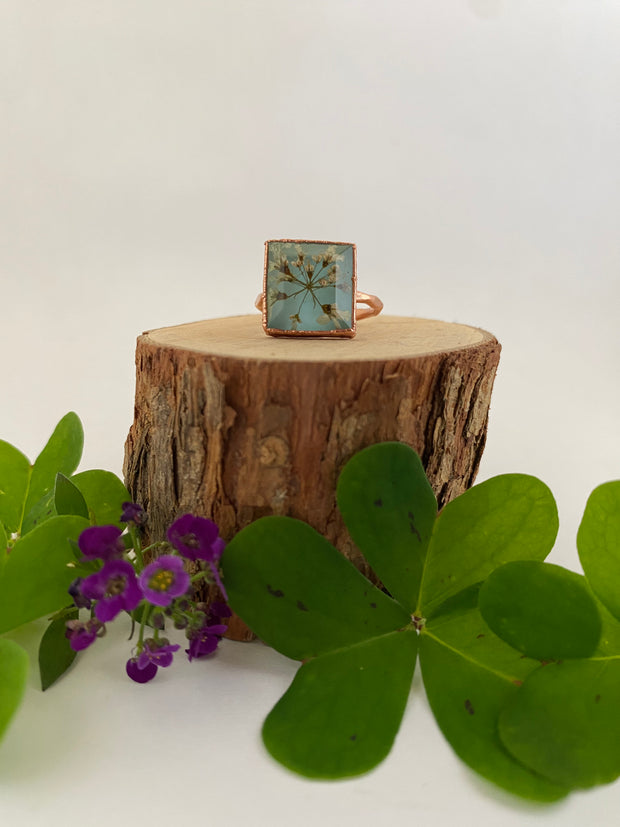 tiny world floral rings recycled copper electroplated dried flower rings made in usa simple wealth art