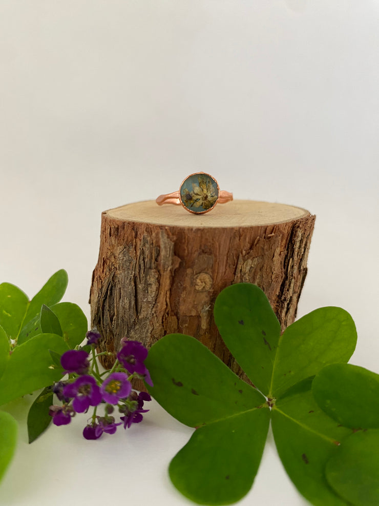 tiny world floral rings recycled copper electroplated dried flower rings made in usa simple wealth art