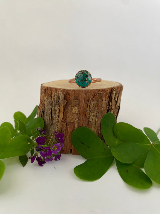 tiny world floral rings recycled copper electroplated dried flower rings made in usa simple wealth art