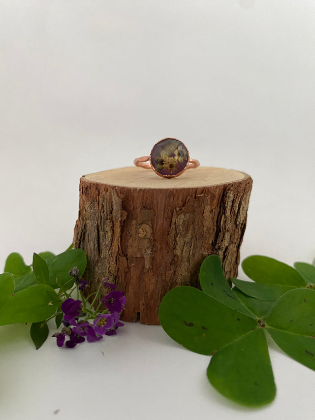 tiny world floral rings recycled copper electroplated dried flower rings made in usa simple wealth art