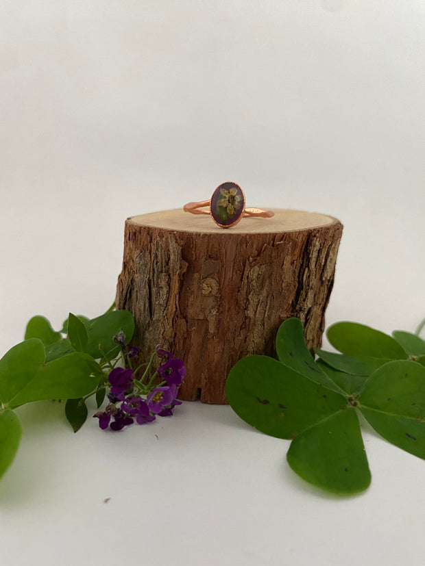 tiny world floral rings recycled copper electroplated dried flower rings made in usa simple wealth art