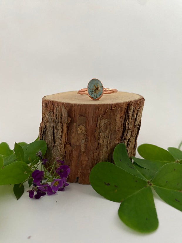 tiny world floral rings recycled copper electroplated dried flower rings made in usa simple wealth art