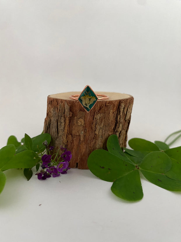tiny world floral rings recycled copper electroplated dried flower rings made in usa simple wealth art