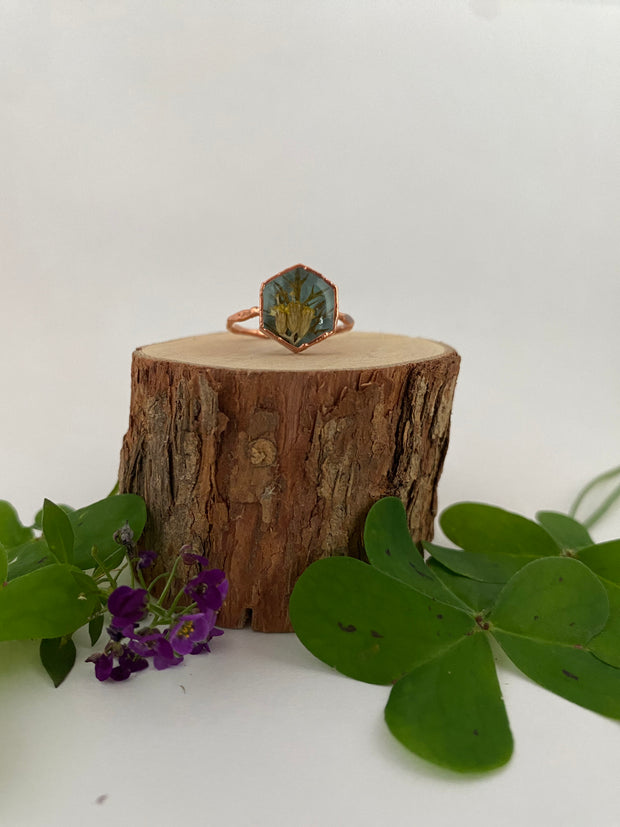 tiny world floral rings recycled copper electroplated dried flower rings made in usa simple wealth art