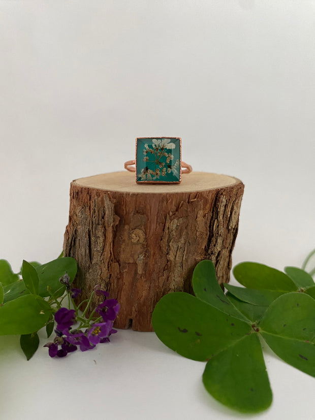 tiny world floral rings recycled copper electroplated dried flower rings made in usa simple wealth art