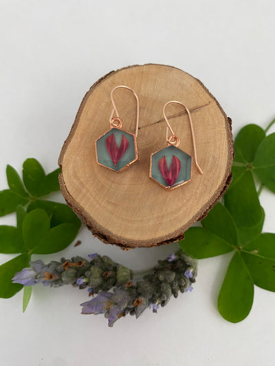 tiny world floral earrings Rose gold recycled copper electroplated dried flower earrings made in usa simple wealth art
