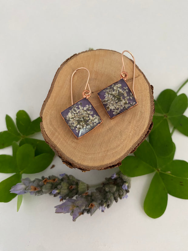 tiny world floral earrings Rose gold recycled copper electroplated dried flower earrings made in usa simple wealth art