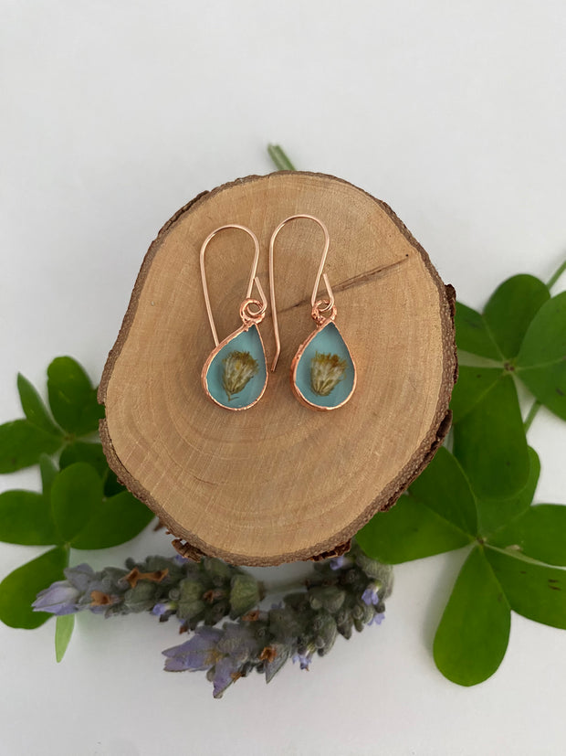 tiny world floral earrings Rose gold recycled copper electroplated dried flower earrings made in usa simple wealth art