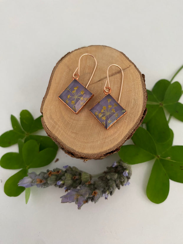 tiny world floral earrings Rose gold recycled copper electroplated dried flower earrings made in usa simple wealth art