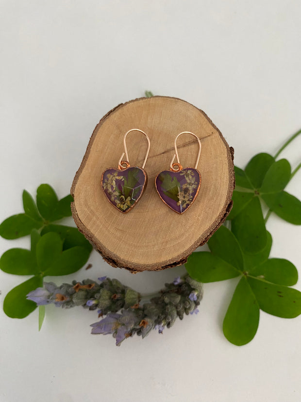 tiny world floral earrings Rose gold recycled copper electroplated dried flower earrings made in usa simple wealth art
