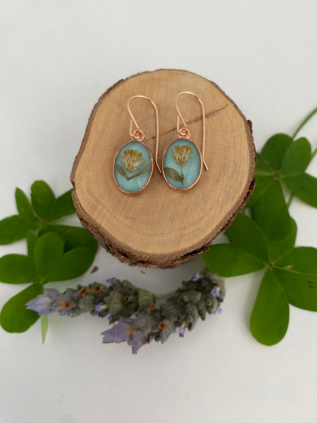 tiny world floral earrings Rose gold recycled copper electroplated dried flower earrings made in usa simple wealth art