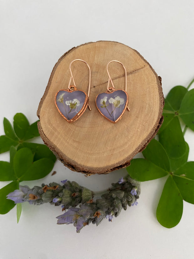 tiny world floral earrings Rose gold recycled copper electroplated dried flower earrings made in usa simple wealth art