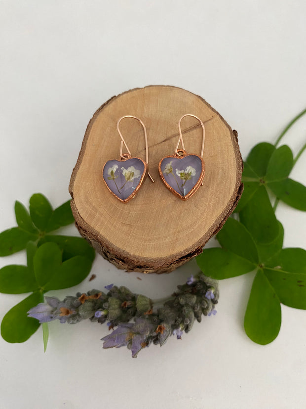 tiny world floral earrings Rose gold recycled copper electroplated dried flower earrings made in usa simple wealth art