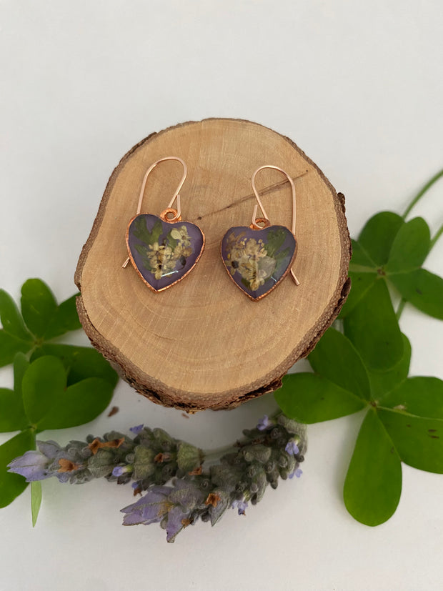 tiny world floral earrings Rose gold recycled copper electroplated dried flower earrings made in usa simple wealth art
