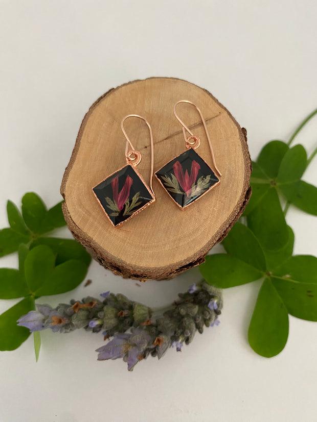 tiny world floral earrings Rose gold recycled copper electroplated dried flower earrings made in usa simple wealth art